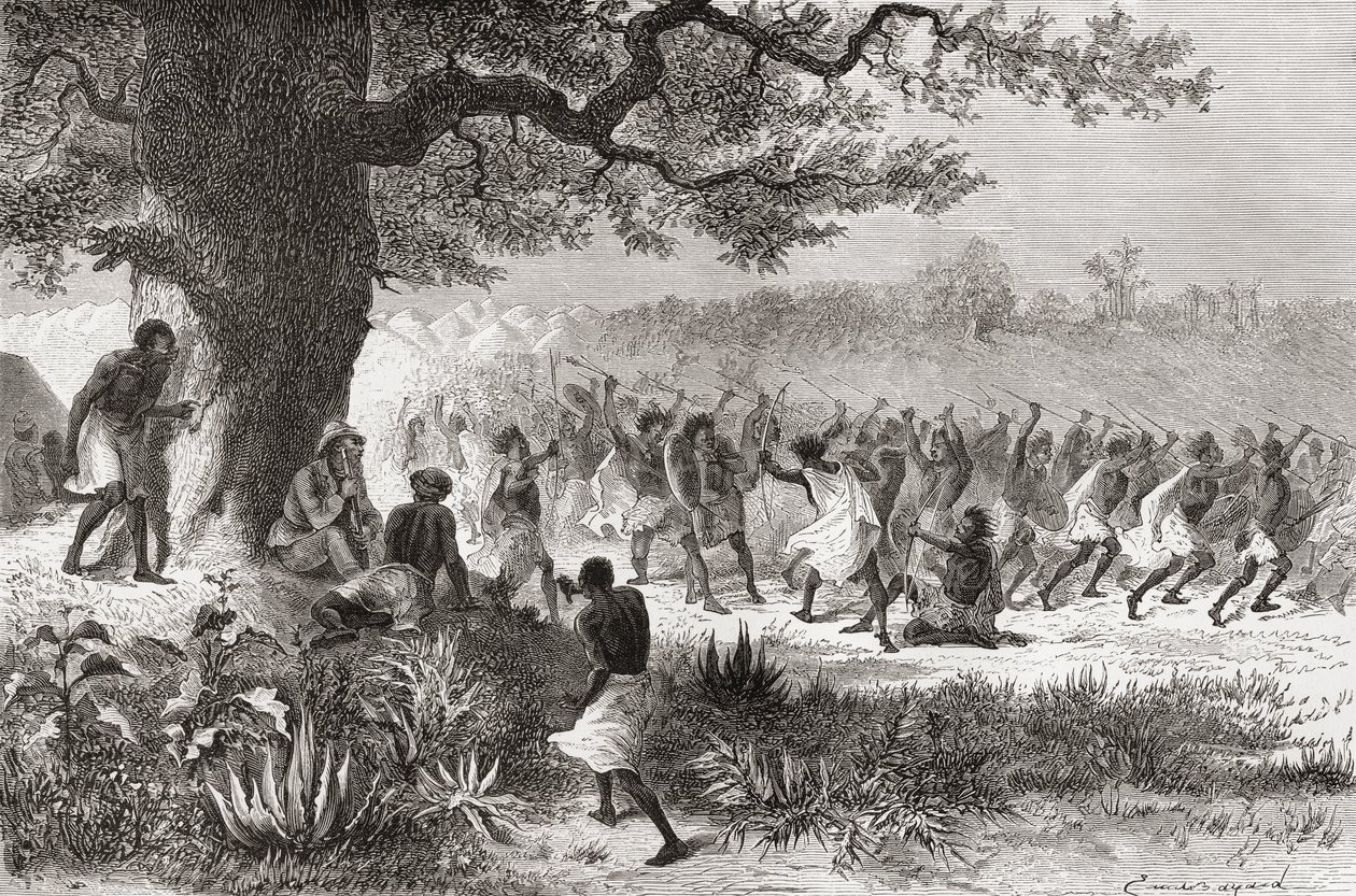 Henry Morton Stanley 1871-es expedíciója során nézi a Vouagogos törzset, amint harcra készül, illusztráció a „The World in the Hands” című könyvből, 1878-ban. alkotó: Emile Antoine Bayard