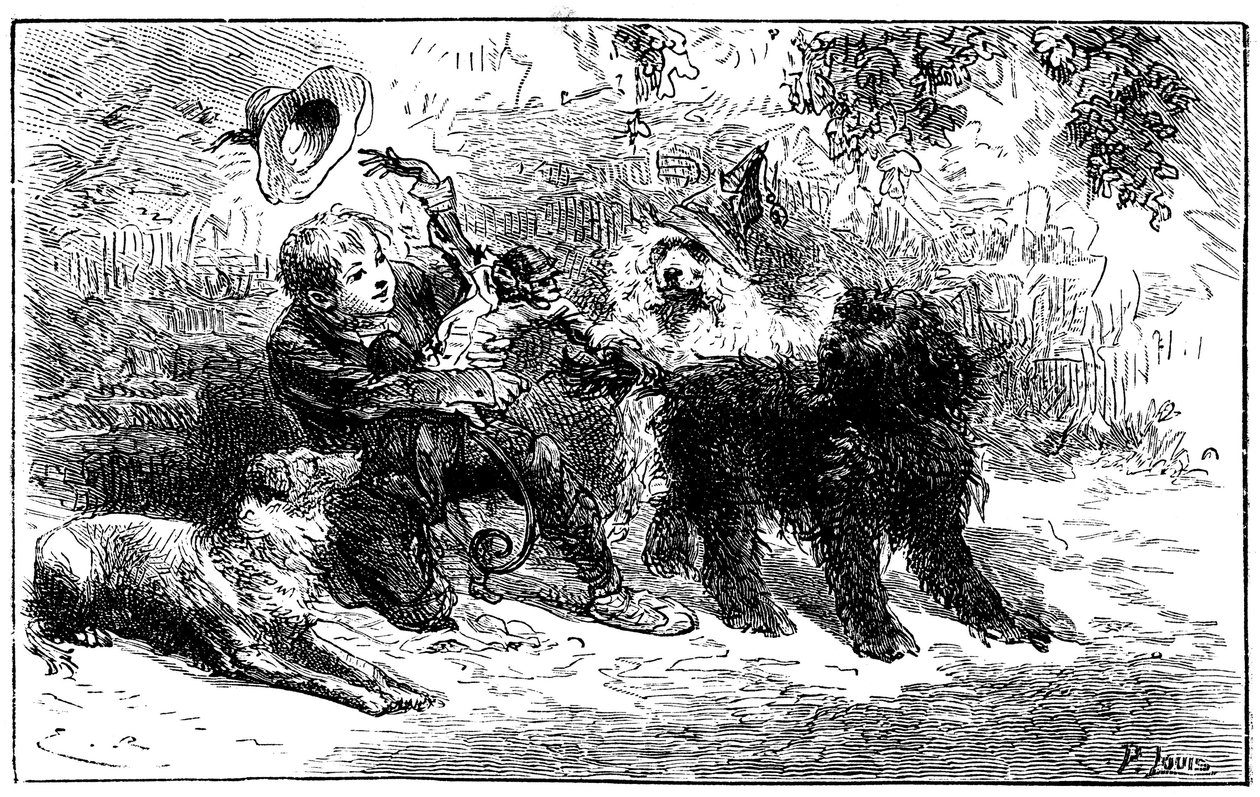 Emile Bayard illusztrációja Hector Malot „” Sans Famille” című regényéhez: Remi a barátaival játszik, Monsieur Vitalis, utazó művész társulatának tanult állatai - Joli-Coeur (szép szív), a majom és a három kutya, Capi, Zerbino és Dol alkotó: Emile Antoine Bayard