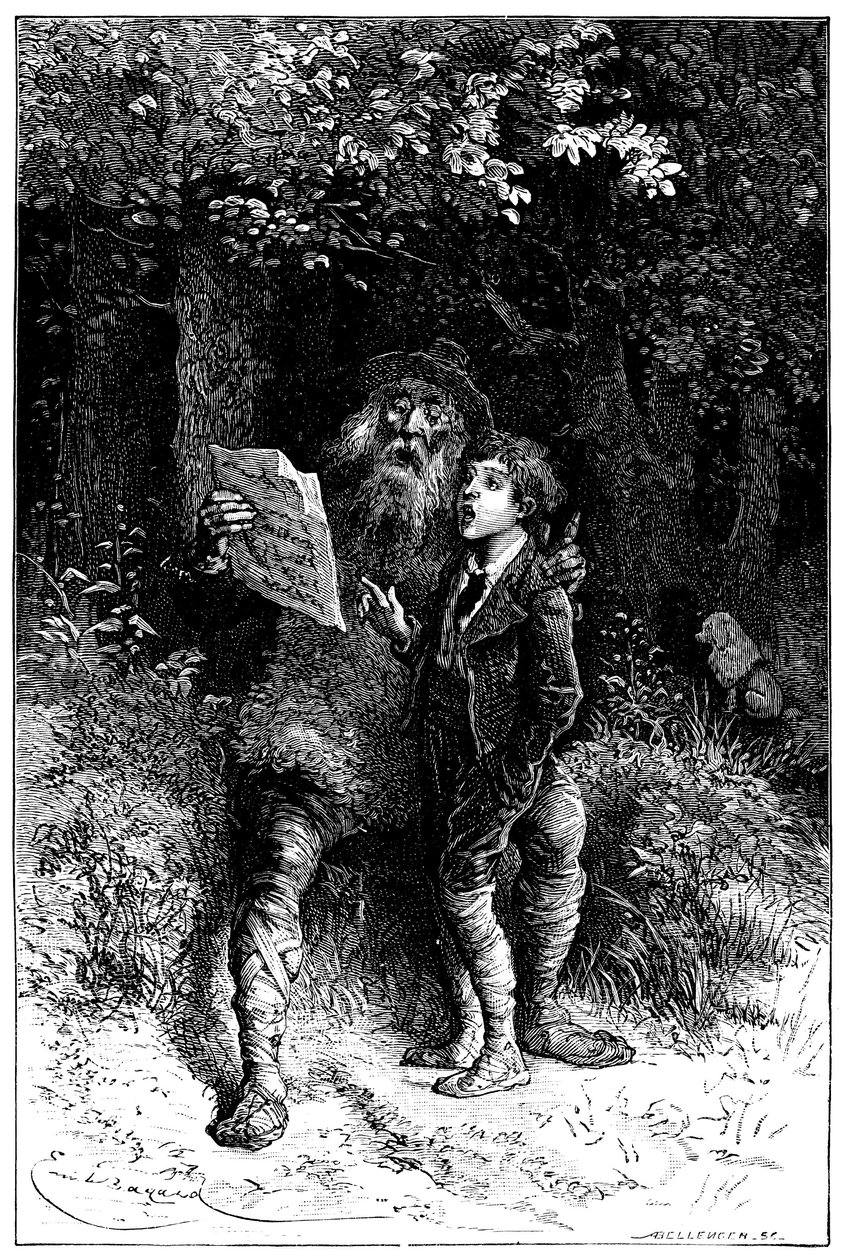 Illusztráció: Emile Bayard Hector Malot „” Sans Famille” című regényéhez: Remi Monsieur Vitalis utazó művésznel - utcazenész, saltimbank - énekel - Hetzel 1880-as kiadás - alkotó: Emile Antoine Bayard