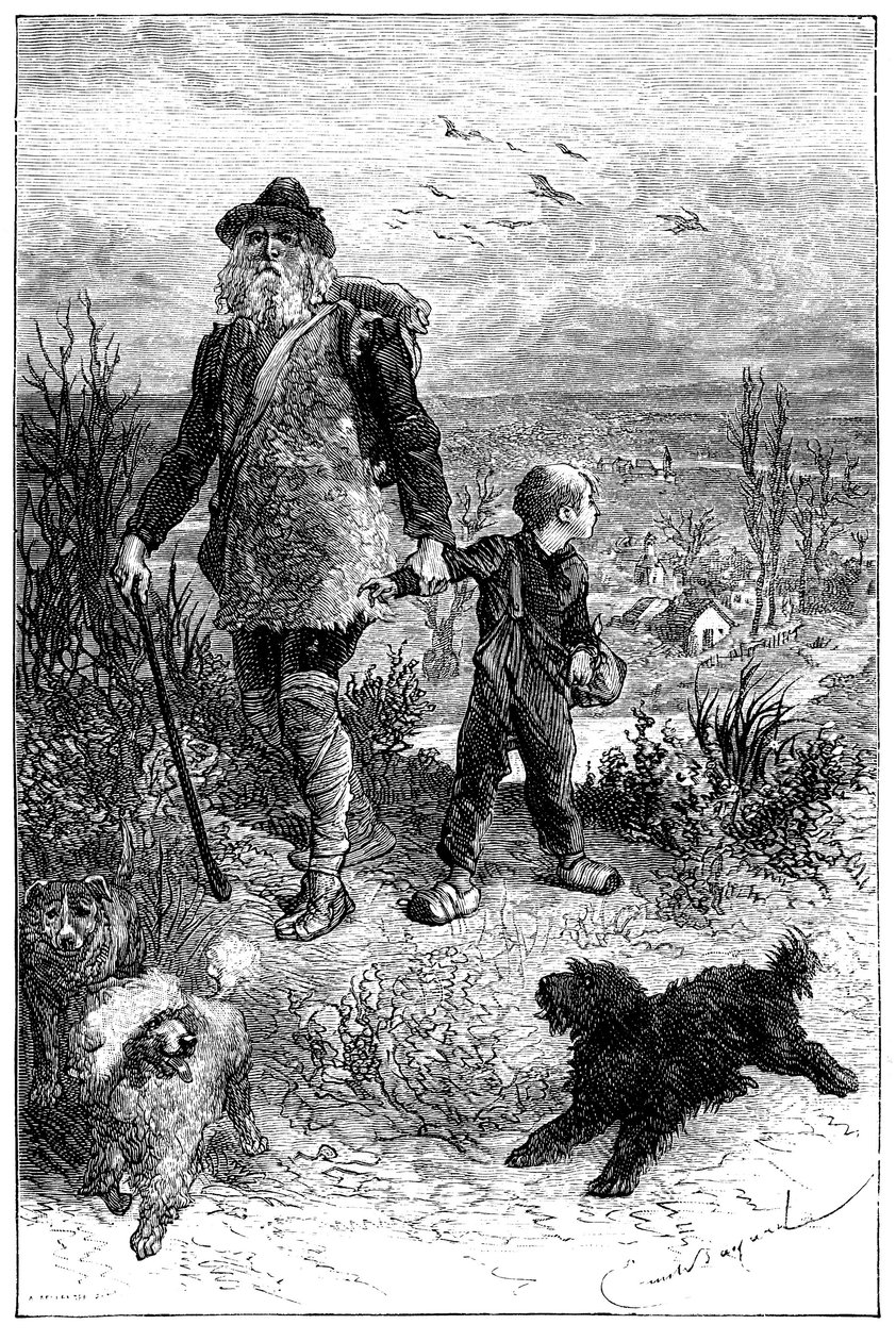 Emile Bayard illusztrációja Hector Malot "Család nélkül" című regényéhez: Remi elmegy Monsieur Vitalis, utazó művész és tanult állatai a három kutya Capi, Zerbino és Dolce - Edition Hetzel 1880 - alkotó: Emile Antoine Bayard
