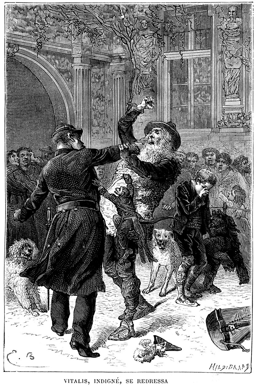 Emile Bayard illusztrációja Hector Malot „” Sans Famille” című regényéhez: Toulouse-ban Monsieur Vitalist, méltatlanul, letartóztatja egy rendőr Remi és barátai, a társulat tanult állatai: Joli-Coeur (szép szív) előtt. ), a majom an alkotó: Emile Antoine Bayard