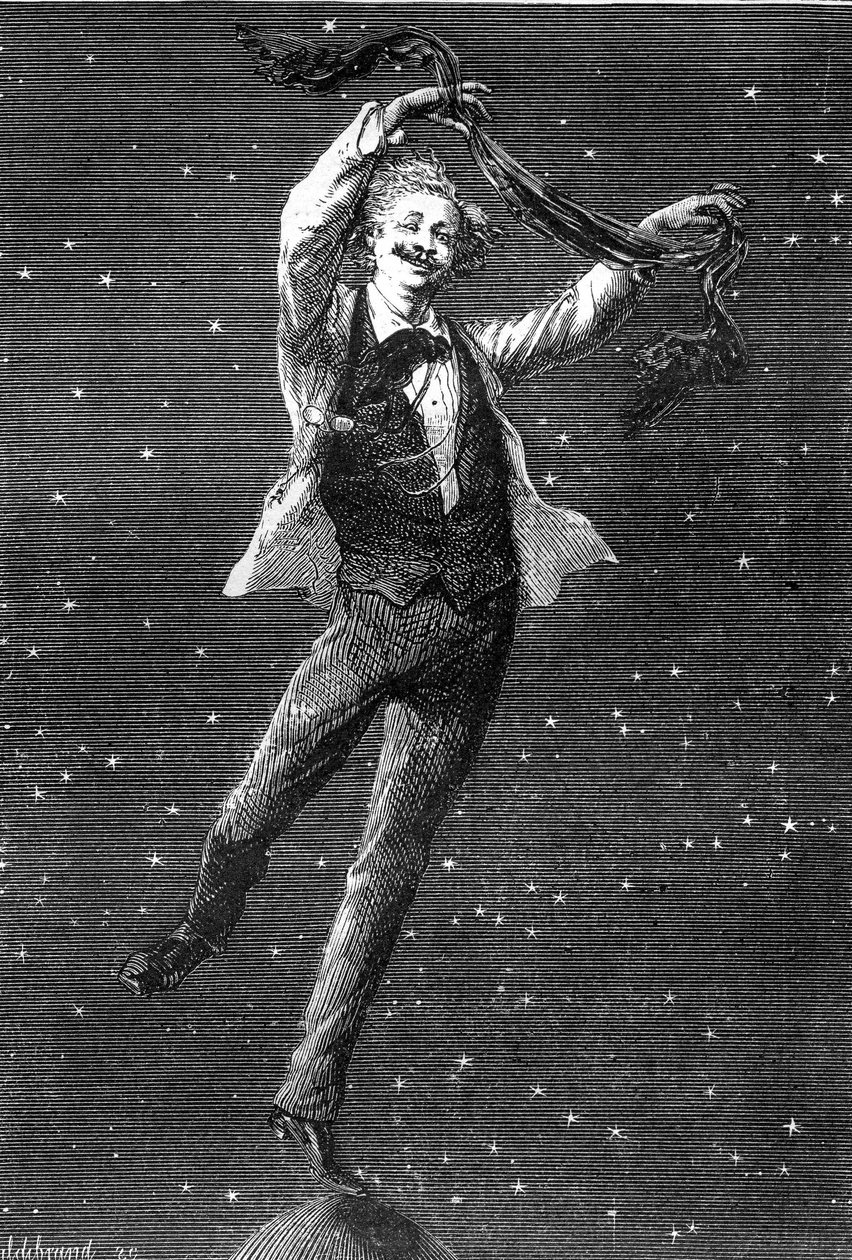Illusztráció Jules Verne „A Hold körül” című regényéből, Emile Bayard rajza, Hetzel-kiadás/Voyages extraordinaire 1870. Ez az illusztráció rávilágít Jules Verne két „hold” című regénye és T két albuma közötti ihletettségre. alkotó: Emile Antoine Bayard