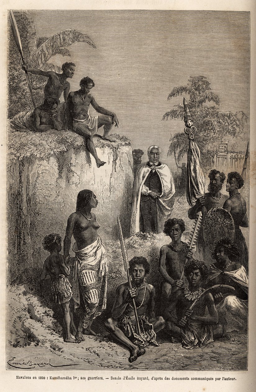 I. Kamehameha (kb. 1758-1819), a Hawaii-szigetek királya és egységük alapítója körülvette a hawaii harcosokat és néhány alattvalót Honoluluban, Emile Bayard rajza nyomán metszett, amely az 1855-69-es Sandwich-szigeteki utazást illusztrálja. , szerző: C alkotó: Emile Antoine Bayard