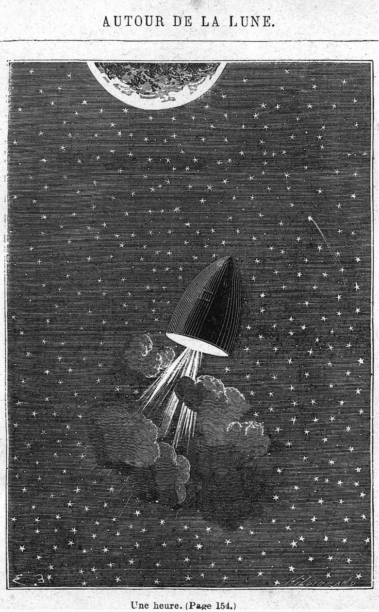 A Hold felé tartva, illusztráció Jules Verne (1828-1905) "A Hold körül" című művéből, Párizs, Hetzel, Henri Theophile Hildibrand (1824-97) metszete. alkotó: Emile Antoine Bayard