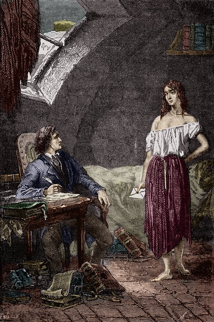 Marius és Eponine, Thenardiers idősebb lánya és Marius szerelmesei Victor Hugo (1802-1885) „Les Miserables” című regényének illusztrációja Emile Bayard illusztrációja - (Eponine Thenardier (Jondrette lány) és Marius) Metszet Magángyűjtemény alkotó: Emile Antoine Bayard