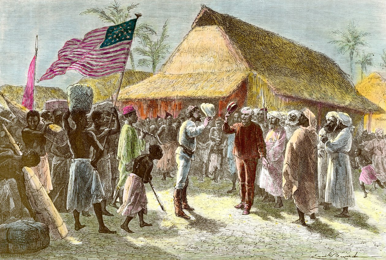 Henry Morton walesi robbantó és újságíró (1841-1904) és David Livingstone, az afrikai kontinens skót misszionárius felfedezője (1813-1873) találkozása a Tanganyika-tó partján található Ujijiben november 10-én. alkotó: Emile Antoine Bayard