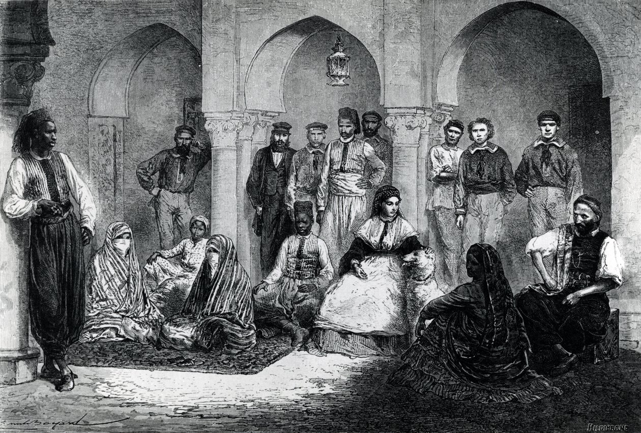 Tinne kisasszony a ház személyzetével, Algír, illusztráció a Le Tour du Monde-ból, 1871 alkotó: Emile Antoine Bayard
