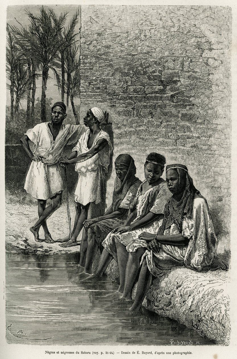 Negres és negresss a Szaharában, az Oued Rihr partján. E.Bayard metszete az algériai Szahara illusztrálására, V. Largeau, 1874-1878, megjelent a Tour du monde-ban, Edouard Charton (1807-1890) irányításával alkotó: Emile Antoine Bayard