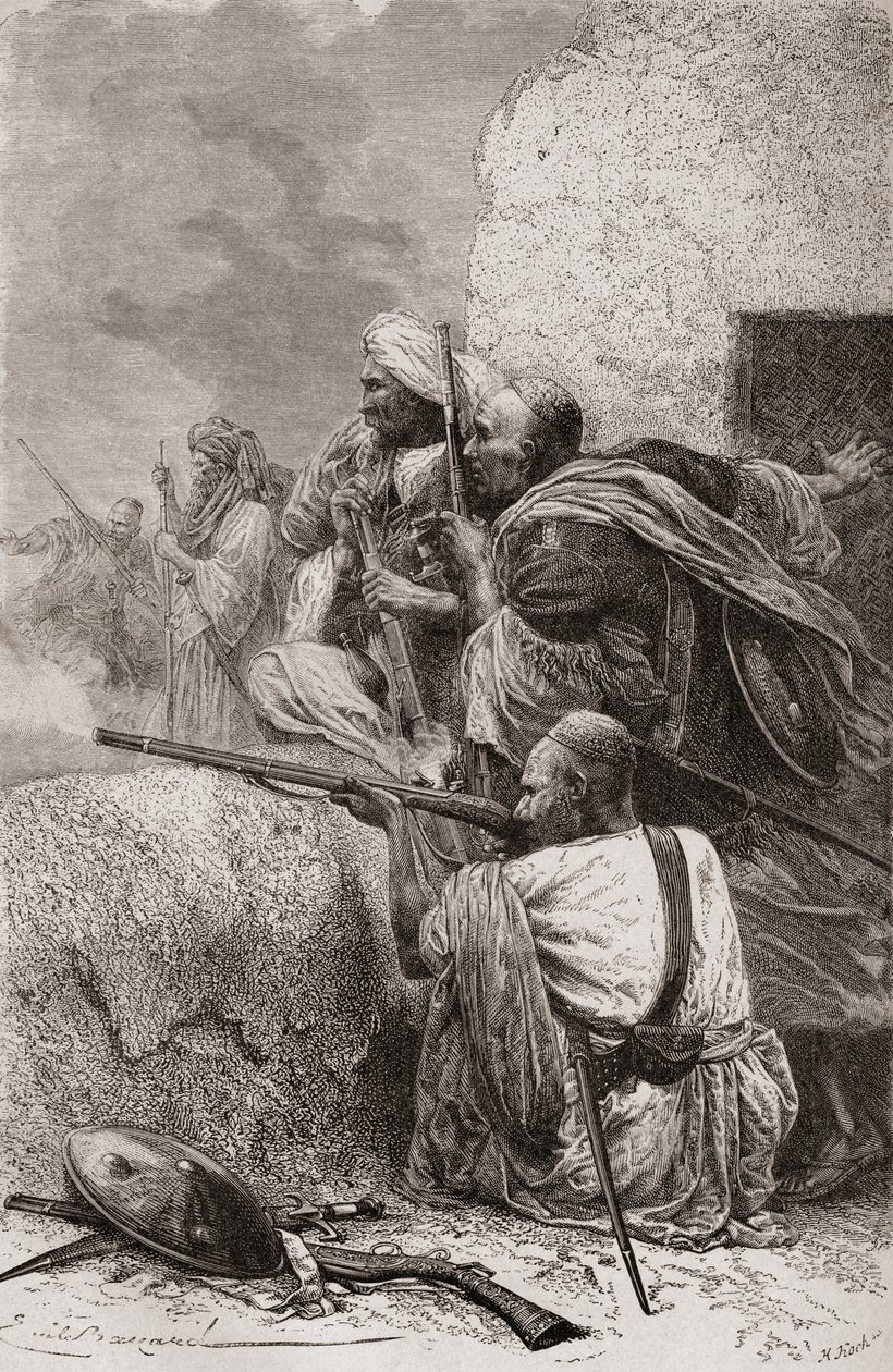 Észak-afgán lázadók harcolnak a britek ellen a pakisztáni Hazara hegyeiben, a brit uralom idején, 1878 alkotó: Emile Antoine Bayard