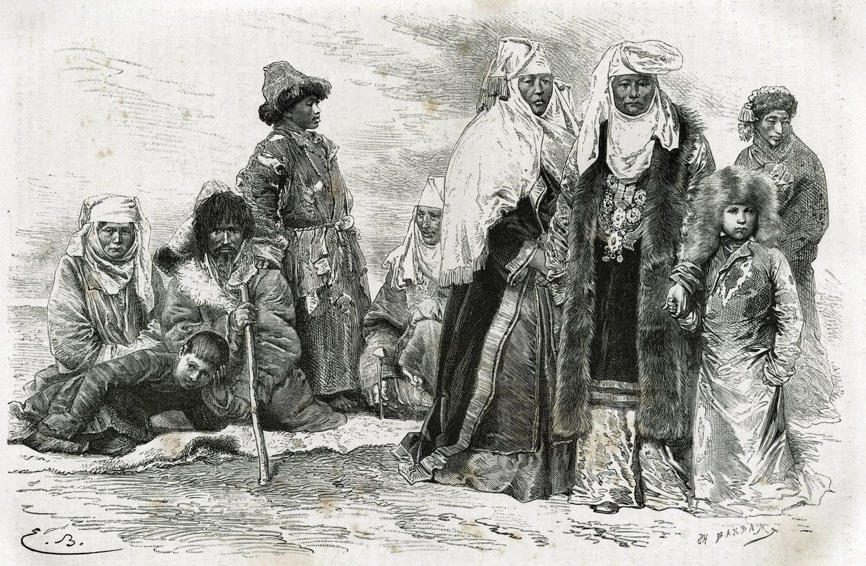 Szegény és gazdag kirgiz nők. Emile Bayard metszete az Orenburgtól Szamarkandig tartó utazási benyomások illusztrálására, Marie de Ujfalvy-Bourdon 1876 és 1878 között, a Tour du monde-ban, Edouard Charton rendezésében alkotó: Emile Antoine Bayard