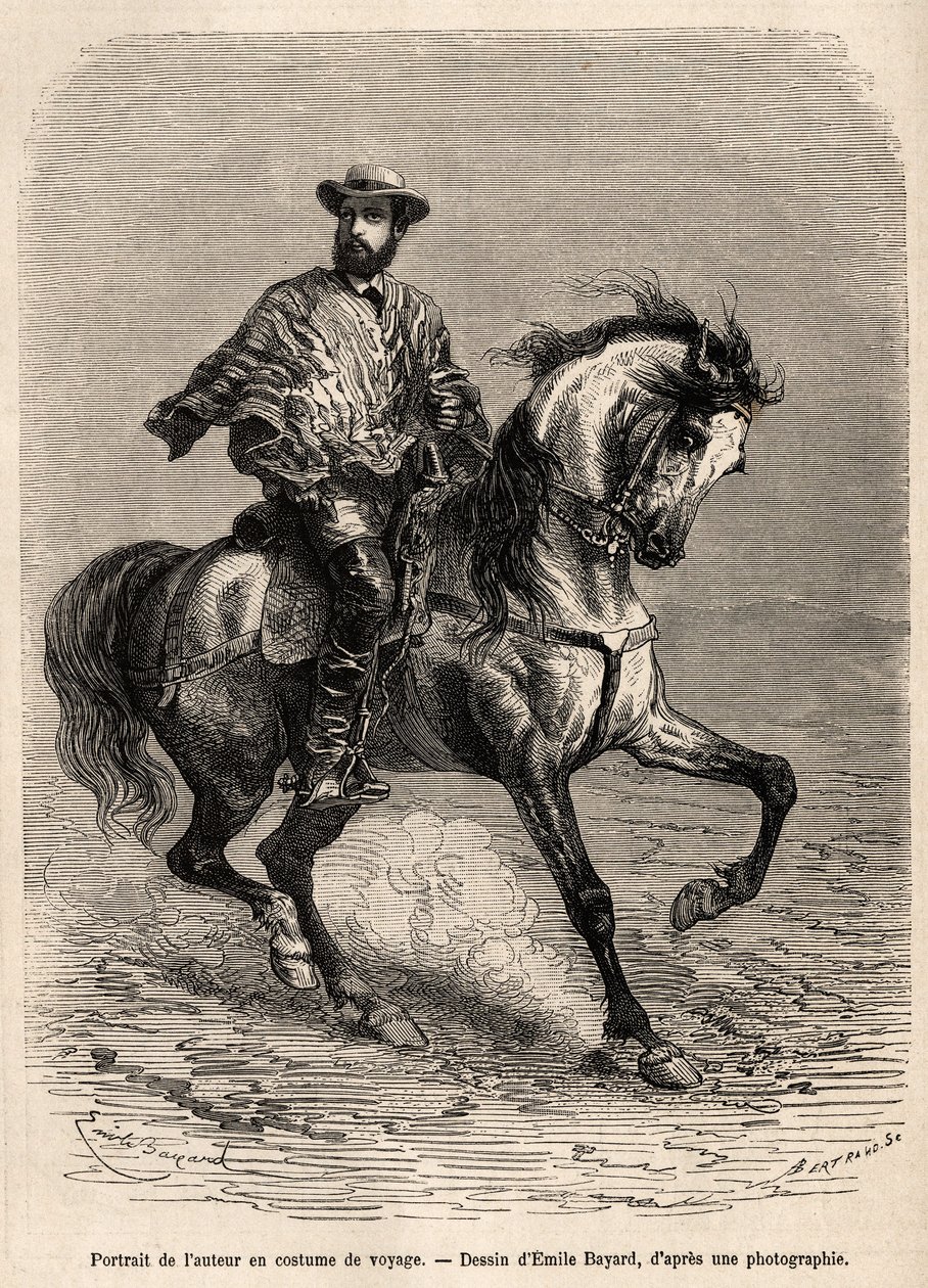 A szerző portréja a lován, úti jelmezt viselő, Emile Bayard rajza nyomán, amely az Acatama és Caracoles (Dél-Amerika) sivatagról szóló történetet illusztrálja, A.Bresson mérnök 1870-1874-ben. ” Le tour du monde alkotó: Emile Antoine Bayard