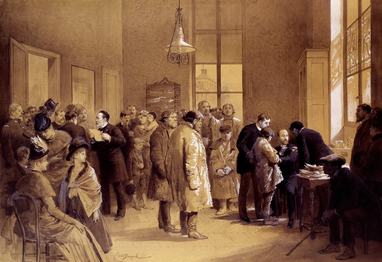Veszettség elleni védőoltás: Louis Pasteur (1822-1895) fellebbezett a rajongókhoz, miközben Dr. Gaucher egy orosz gyermeket, Joseph Meistert veszettség ellen oltott be 1885. július 6-án egy Ulm Street-i laboratóriumban.” Emile Bayard (1837-1891) nyomatai 1 alkotó: Emile Antoine Bayard