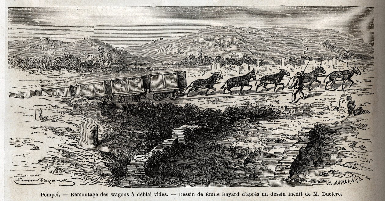 Üres kocsik összeszerelése az 1864-es pompei ásatások során, Emile Bayard (1837-1891) rajza Marc Monnier (1829-1885) „Pompei és a pompeiaiak” szövegének illusztrálására. Gravírozás a „Le tour du monde”-ban, szerkesztette Edouard Charton alkotó: Emile Antoine Bayard