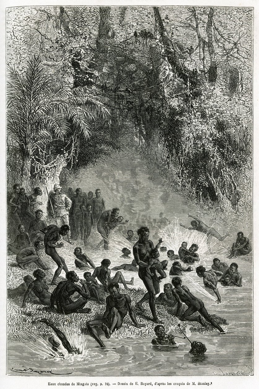 Sir Henri Morton Stanley (1841-1904) a Karagoue régió (Kamerun) fürdőzői között, akik alámerülnek a Mtagata-szoros meleg- és gyógyvizes medencéjében, Emile Bayard rajza, hogy illusztrálja a „Through the Mysterious” című történetet. kontinens”, a alkotó: Emile Antoine Bayard