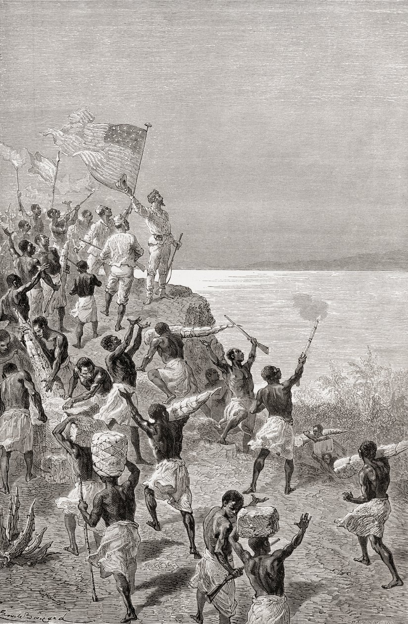 Stanley és expedíciója első alkalommal észlelte a kelet-afrikai Tanganyikát 1872-ben, illusztráció a „The World in the Hands” című könyvből, 1878-ban megjelent alkotó: Emile Antoine Bayard