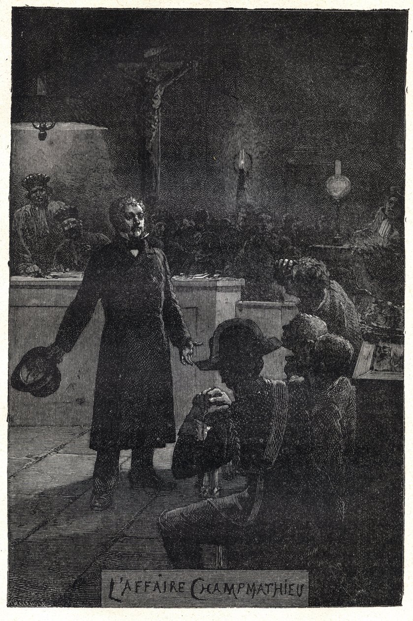 A Champmathieu-ügy: Monsieur Madeleine felfedi valódi kilétét egy szegény ember, Champmathieu, hasonmás perében, hogy elkerülje, hogy elítéljék a helyén „Je suis Jean Valjean”” – Emile Bayard (1837-) illusztrációja. 1891) „” Les miserab alkotó: Emile Antoine Bayard