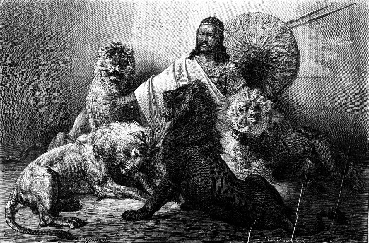 Az abesszíniai Theodoros császár (ras) oroszlánjaitól körülvéve. század feléből származó metszet. Illusztráció: Emile Bayard. alkotó: Emile Antoine Bayard
