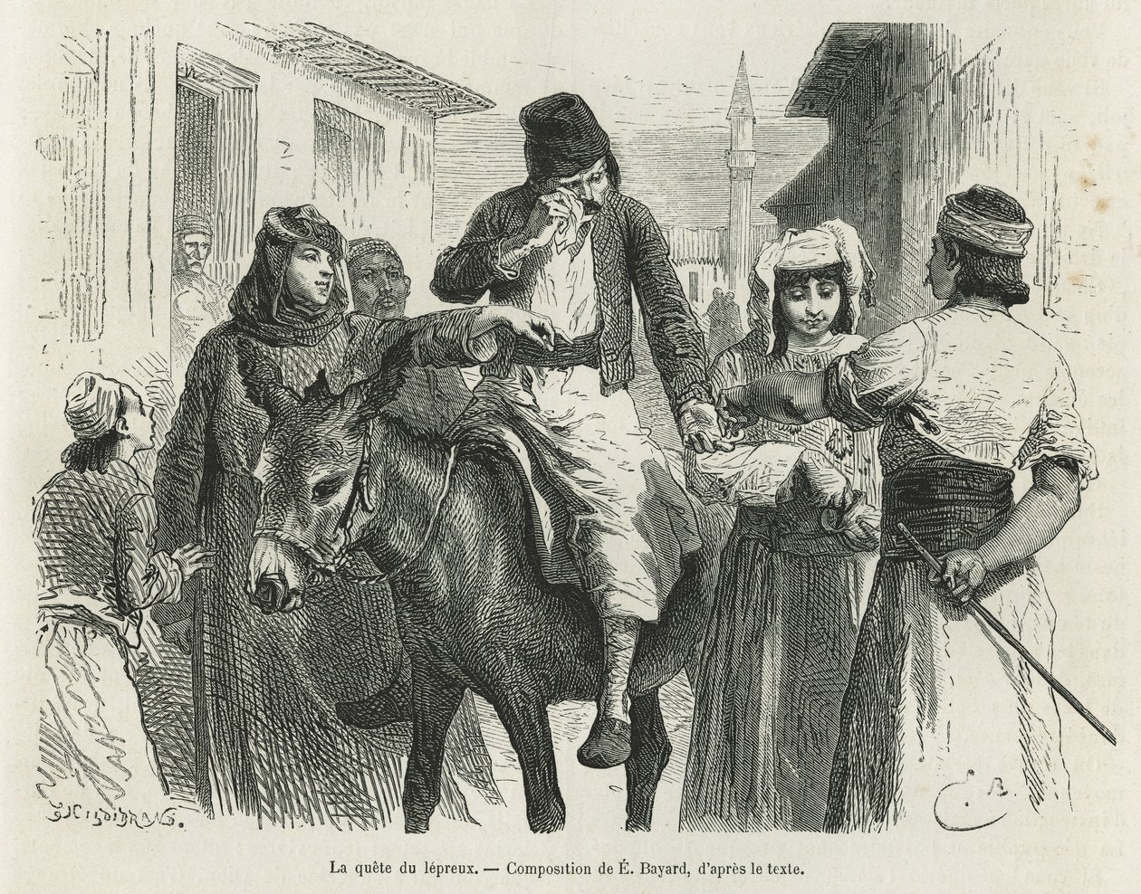 A Leproux Quest in Chio, Emile Bayard rajza, Dr. A. Testevuide 1877-ben írt „Chio szigete” (Kelet-Törökország) történetének illusztrálására. Gravírozás a Le tour du monde-ban alkotó: Emile Antoine Bayard