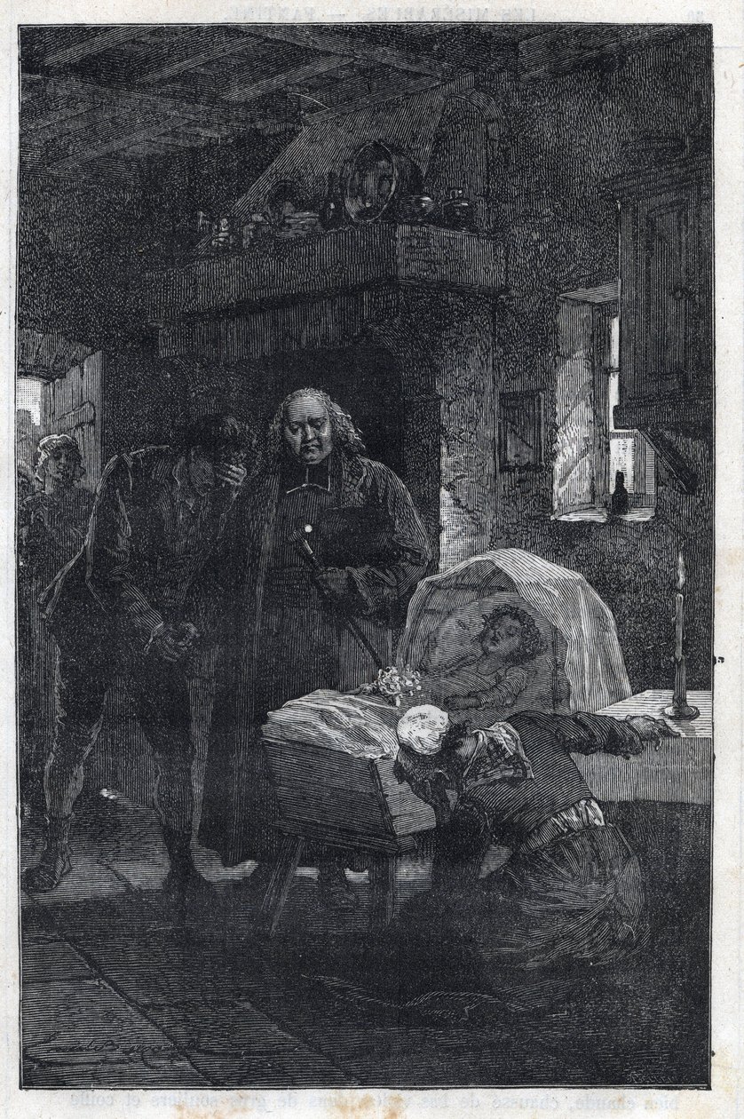 Myriel Eveque gyászoló családdal – Emile Bayard (1837-1891) illusztrációja Victor Hugo (1802-1885) „A nyomorultak – Első rész: Fantine” című művéhez, 1862 alkotó: Emile Antoine Bayard