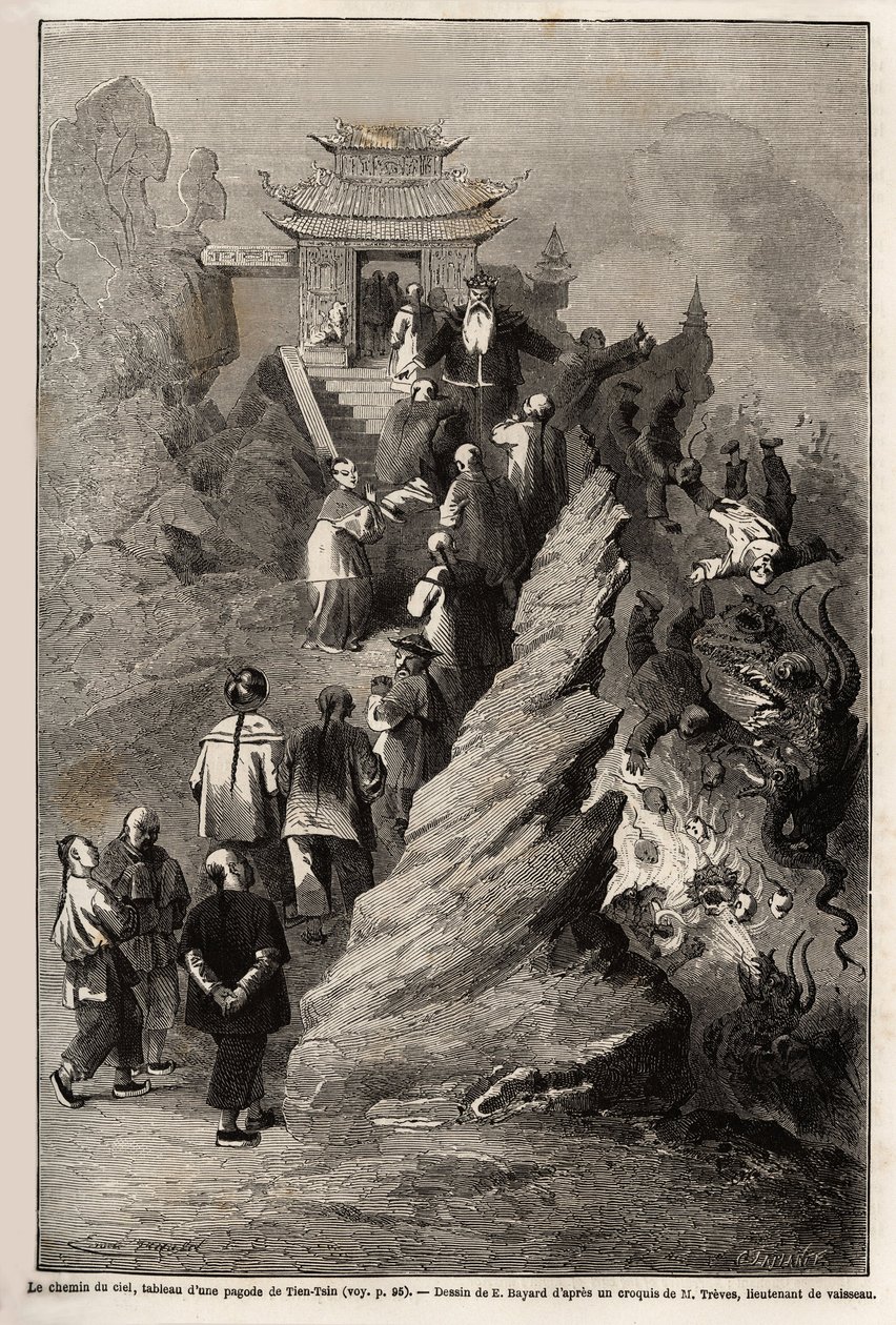 A Mennyország útja, E.Bayard rajza egy pagodától Tien Tsinig festett festménye alapján, amely Sanghajból Moszkvába 1859-től 1862-ig tartó utazást illusztrálja M.de Bourboulon, Franciaország kínai minisztere által. Gravírozás az Edou által szerkesztett „” L alkotó: Emile Antoine Bayard