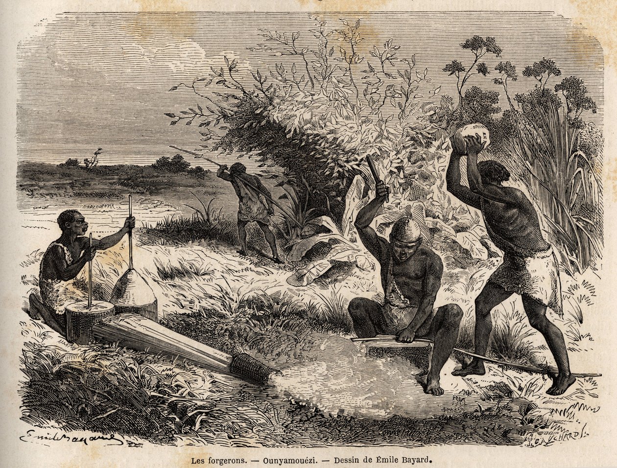 A kovácsok az ounyamoueziben (Nagy-tavak régiója, Afrika), Emile Bayard (1837-1891) rajza Speke kapitány 1860-tól 1863-ig tartó afrikai felfedezőútját illusztrálva. Gravírozás a „Le tour du monde”-ban, szerkesztette Edouard Charton alkotó: Emile Antoine Bayard