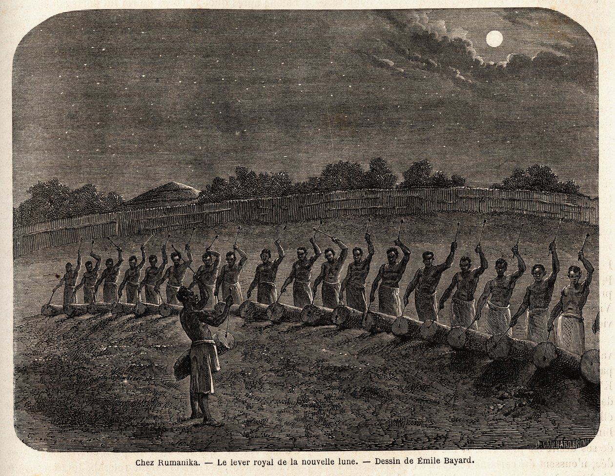 Az újhold felkelő dobjainak szertartása a Rumanika törzs élén, Karague-ban (a Victoria-tótól nyugatra, a mai Zimbabwéban), Emile Bayard (1837-1891) rajza Speke kapitány utazását illusztrálva Az afrikai felfedezések 186-tól alkotó: Emile Antoine Bayard