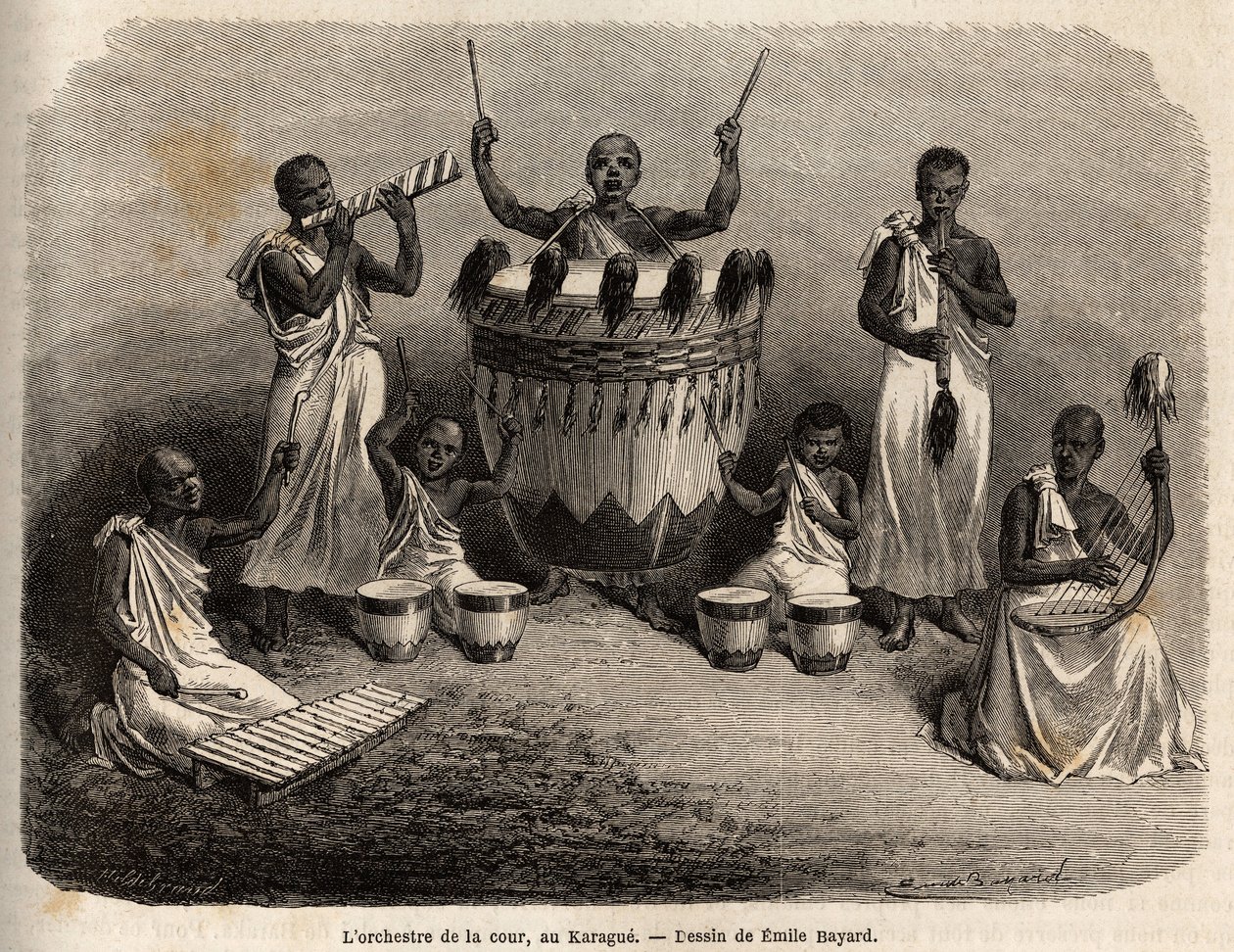 Az udvari zenekar a Karague-ban (a Victoria-tótól nyugatra, a mai Zimbabwe), Emile Bayard (1837-1891) rajza, Speke kapitány afrikai felfedezőútja 1860 és 1863 között. Gravírozás: „” Le tour du monde ””, szerkesztette Edouard Char alkotó: Emile Antoine Bayard