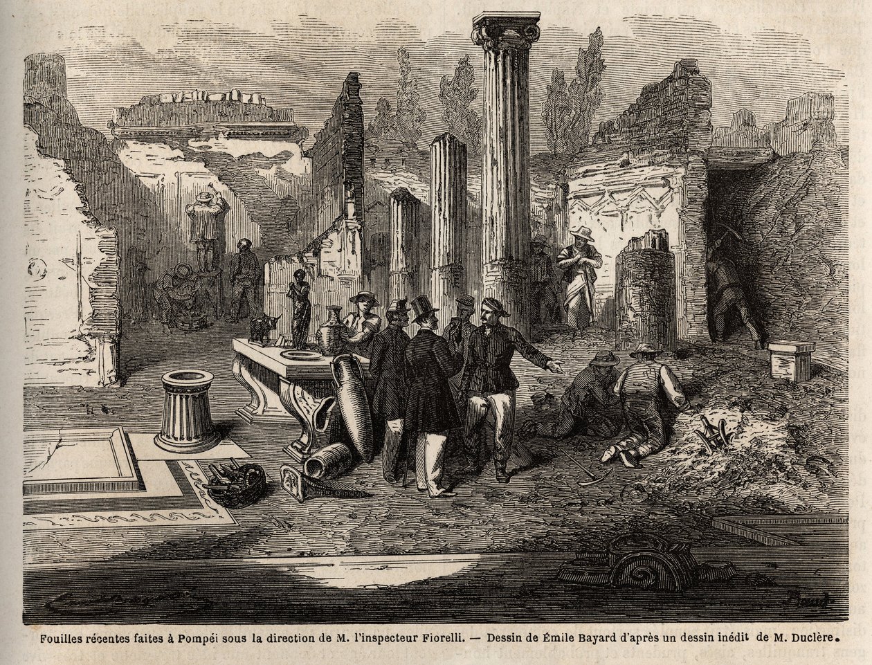Az 1864-es pompei ásatások Fiorelli felügyelő irányításával, Emile Bayard (1837-1891) rajza Marc Monnier (1829-1885) „” Pompei és a pompeiaiak” szövegének illusztrálására. Gravírozás a „Le tour du monde”-ban, szerkesztette Edouard Chart alkotó: Emile Antoine Bayard