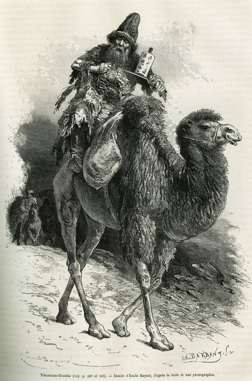 Az expedíció kalauza és tolmácsa, az 58 éves Chutun Dzamba a tevén kuporgott, és folyamatosan imákat mormolt, Emile Bayard rajzaival illusztrálva a hadnagy 1870 és 1873 között Mongóliába és a Tangute földjére tett utazását. alkotó: Emile Antoine Bayard