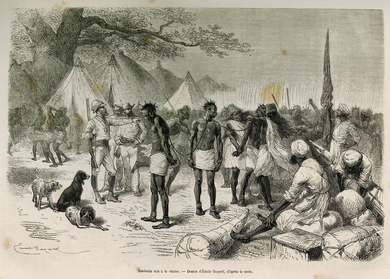 Az expedíció pimasz hordozói láncra fűzték Emile Bayard rajzát, hogy illusztrálják a történetet: Afrika szerte, Zanzibártól (Tanzánia) Bengueláig (Angola), 1872-től 1876-ig, V. H. Cameron hadnagy. Gravírozás a Le tour du monde-ban alkotó: Emile Antoine Bayard