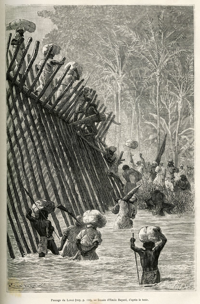 Az expedíció áthaladása a Lovoi (vagy az ördög folyóján) (Katanga régió, Kongó) Emile Bayard rajzával, hogy szemléltesse az afrikai utazást Zanzibártól (Tanzánia) Bengueláig (Angola) 1873 és 1876 között. , brit parancsnok, V.L. alkotó: Emile Antoine Bayard