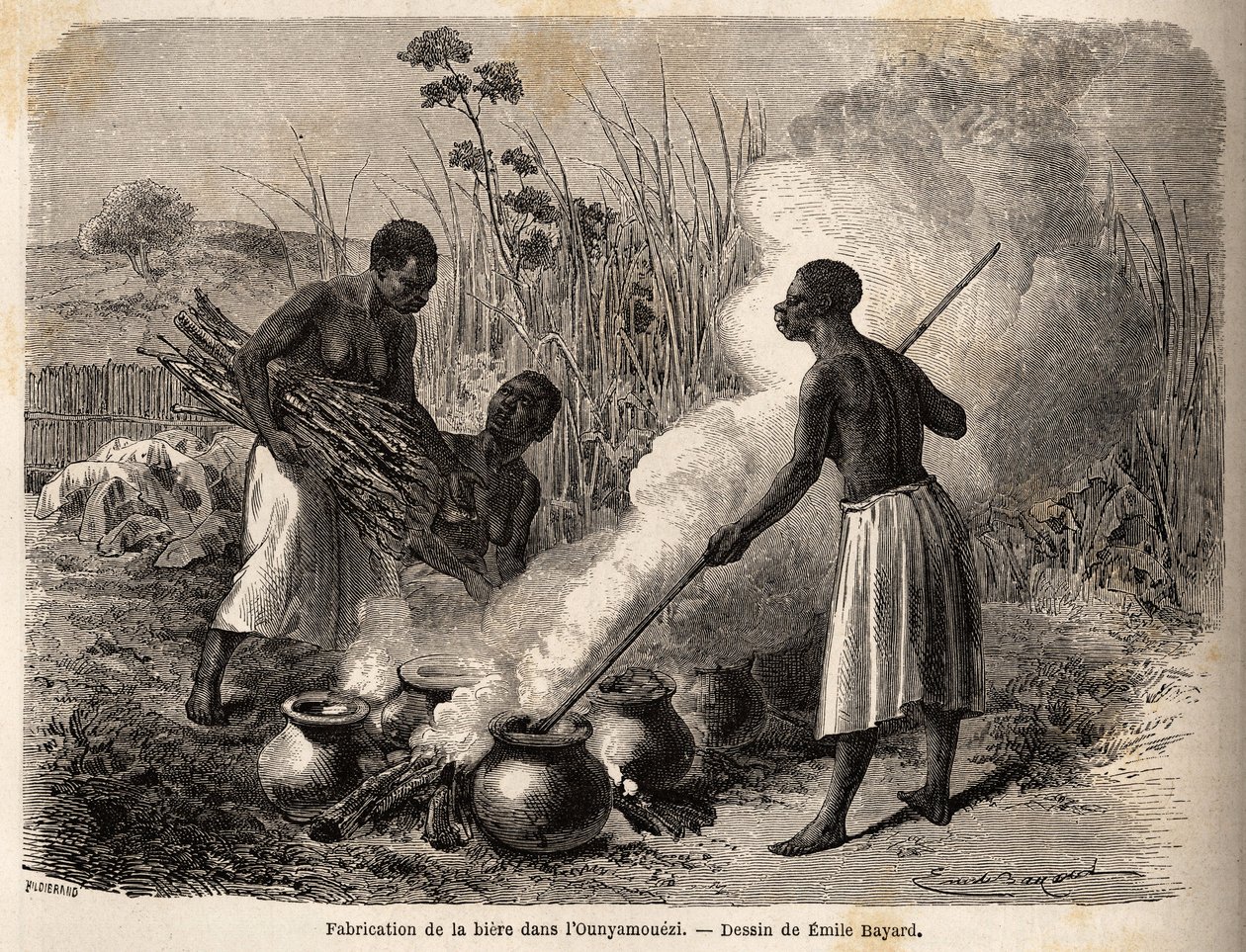 A sörgyártás az ounyamoueziben (Nagy Tavak régiója, Afrika), Emile Bayard (1837-1891) rajza Speke kapitány 1860-tól 1863-ig tartó afrikai felfedezőútját illusztrálva. Gravírozás a „Le tour du monde”-ban, szerkesztette Edouard Charton alkotó: Emile Antoine Bayard