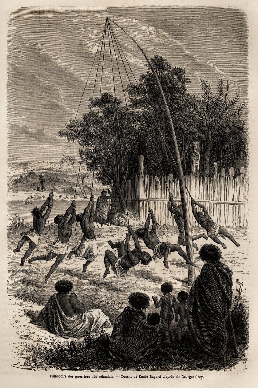 Az új-zélandi harcosok hintaja az Auckland-szoroson, Emile Bayard (1837-1891) rajza Ferdinand de Hochstetter 1858-tól 1860-ig tartó új-zélandi utazásának illusztrálására. Metszet a „” Le tour du monde”-ban, szerkesztette: Edouard Charton alkotó: Emile Antoine Bayard
