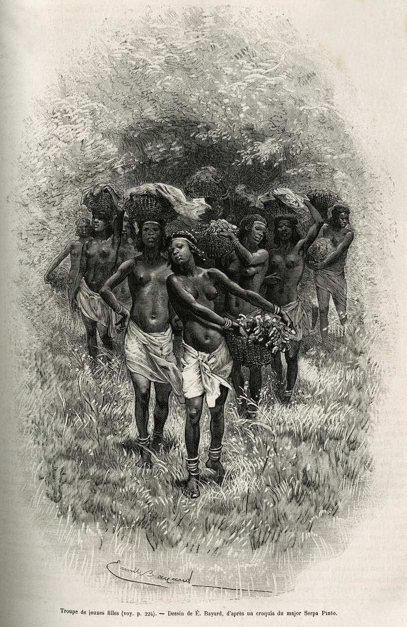 Fiatal lányok csapata élelmiszerrel teli kosarakat cipelő S.Pinto és emberei ellátására. Serpa Pinto őrnagy, 1877-1878-ban, kocsma, Emile Bayard metszetének illusztrálására, hogyan jártam be Afrikát, az Atlanti-óceántól az Indiai-óceánig alkotó: Emile Antoine Bayard