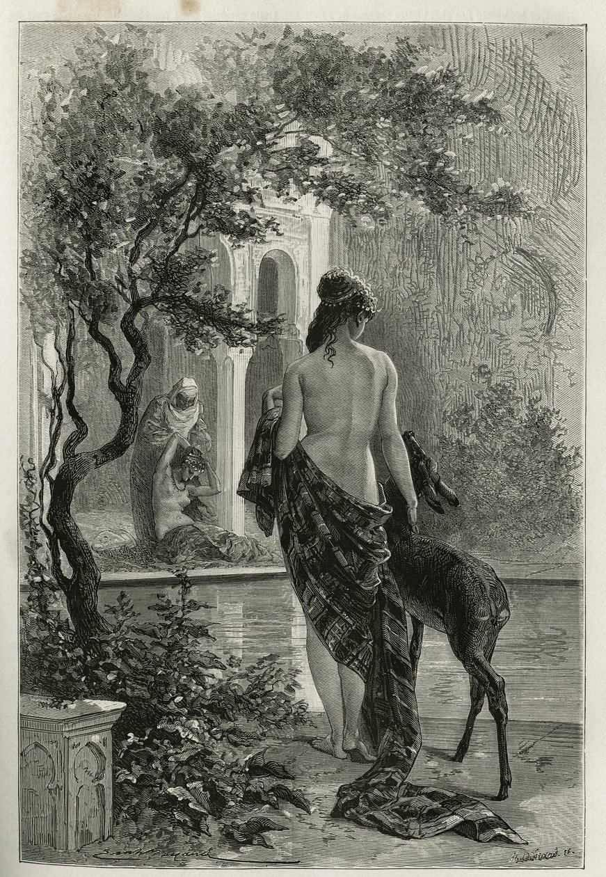 Un jardin à Fes, Emile Bayard metszete, Edmondo de Amicis Marokkó történetének illusztrálására, 1875-ben, a tour du monde-ban jelent meg Edouard Charton irányítása alatt alkotó: Emile Antoine Bayard
