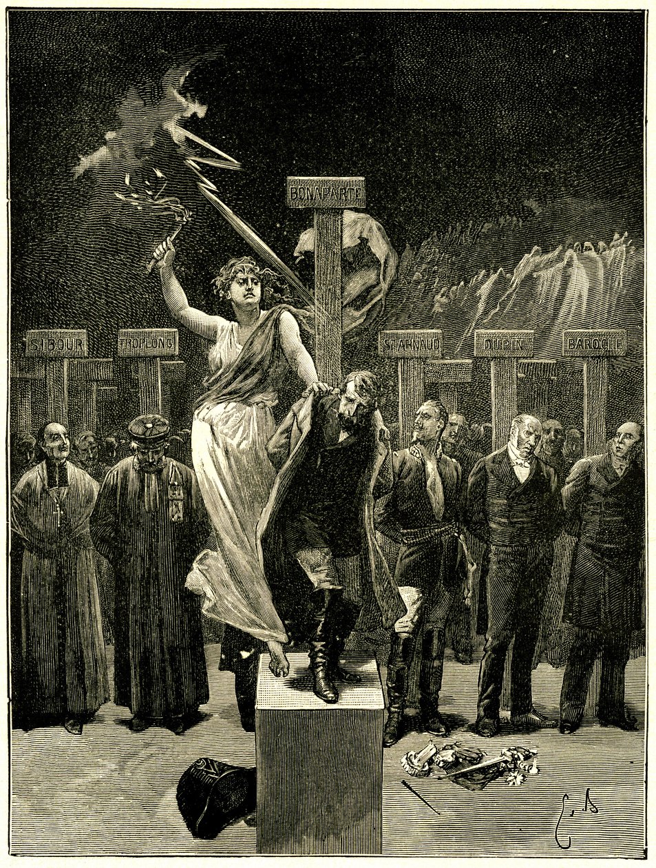 Victor Hugo, Les Chatiments, Emile Bayard illusztrációja. „Tévedés lenne azt hinni, hogy ezek a dolgok/énekekkel és apoteózisokkal fognak végződni”””. Azt mondják, hogy ez a jövő felidézése okozta a rettegést a Napóleon 3-tól. alkotó: Emile Antoine Bayard