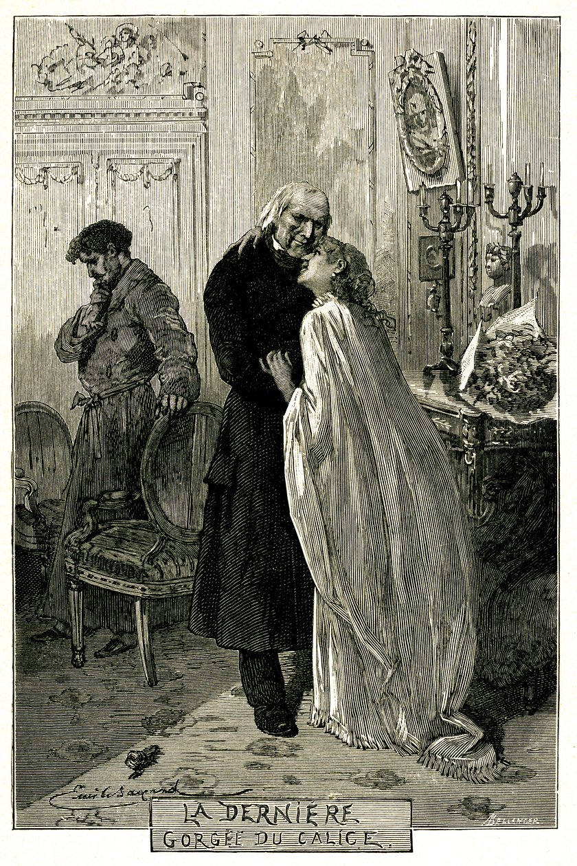 Victor Hugo „A nyomorultak”, „A kehely utolsó szurdoka”. Illusztráció: Emile Bayard. Az egykori erő, Jean Valjean megöregedett Cosette-tel és Mariusszal. Ollendorff 1906-os kiadás metszete. alkotó: Emile Antoine Bayard