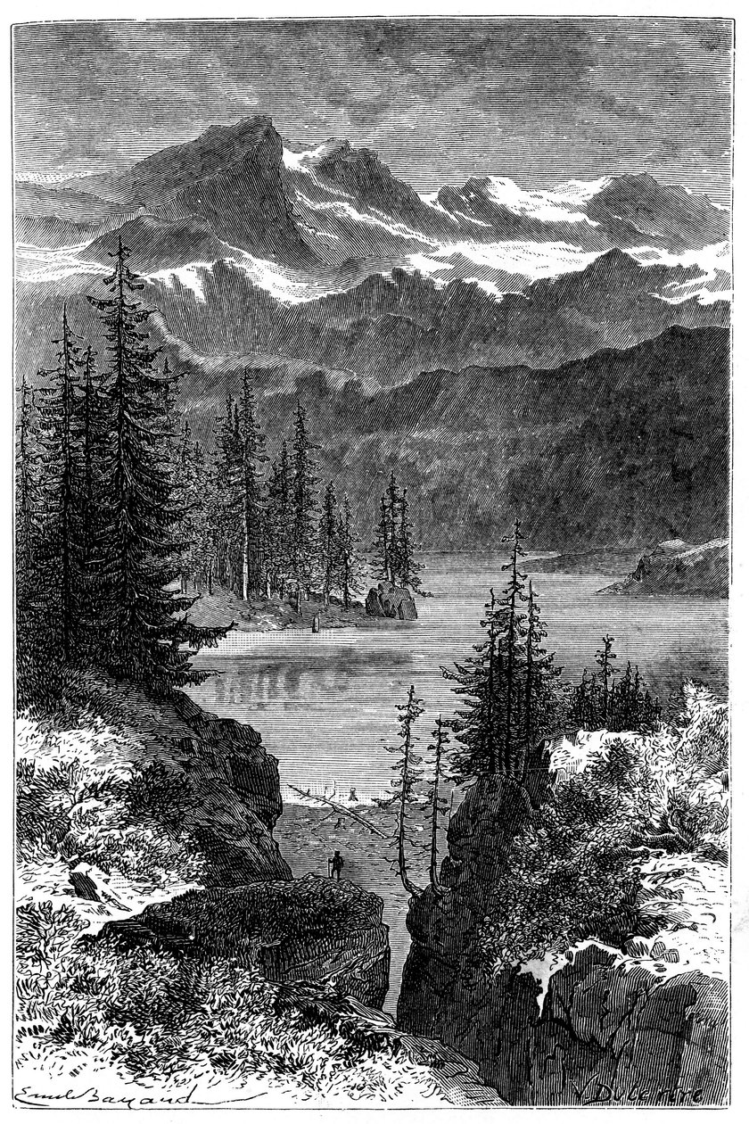 Kilátás az Alpokra: erdő, tó, csúcsok. Illusztráció: Emile Bayard a Les Montagnes d