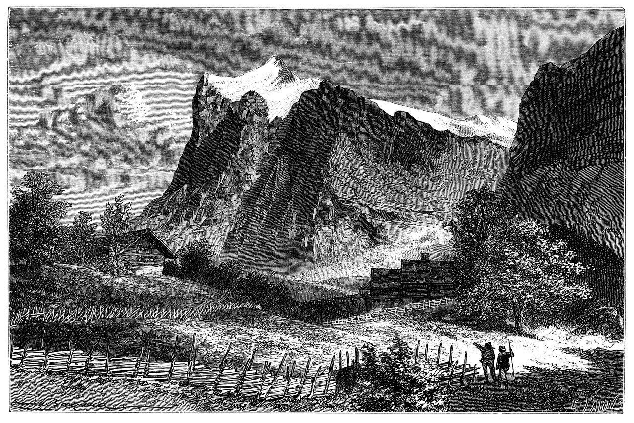Kilátás a svájci Alpokra. Illusztráció: Emile Bayard a Les Montagnes d