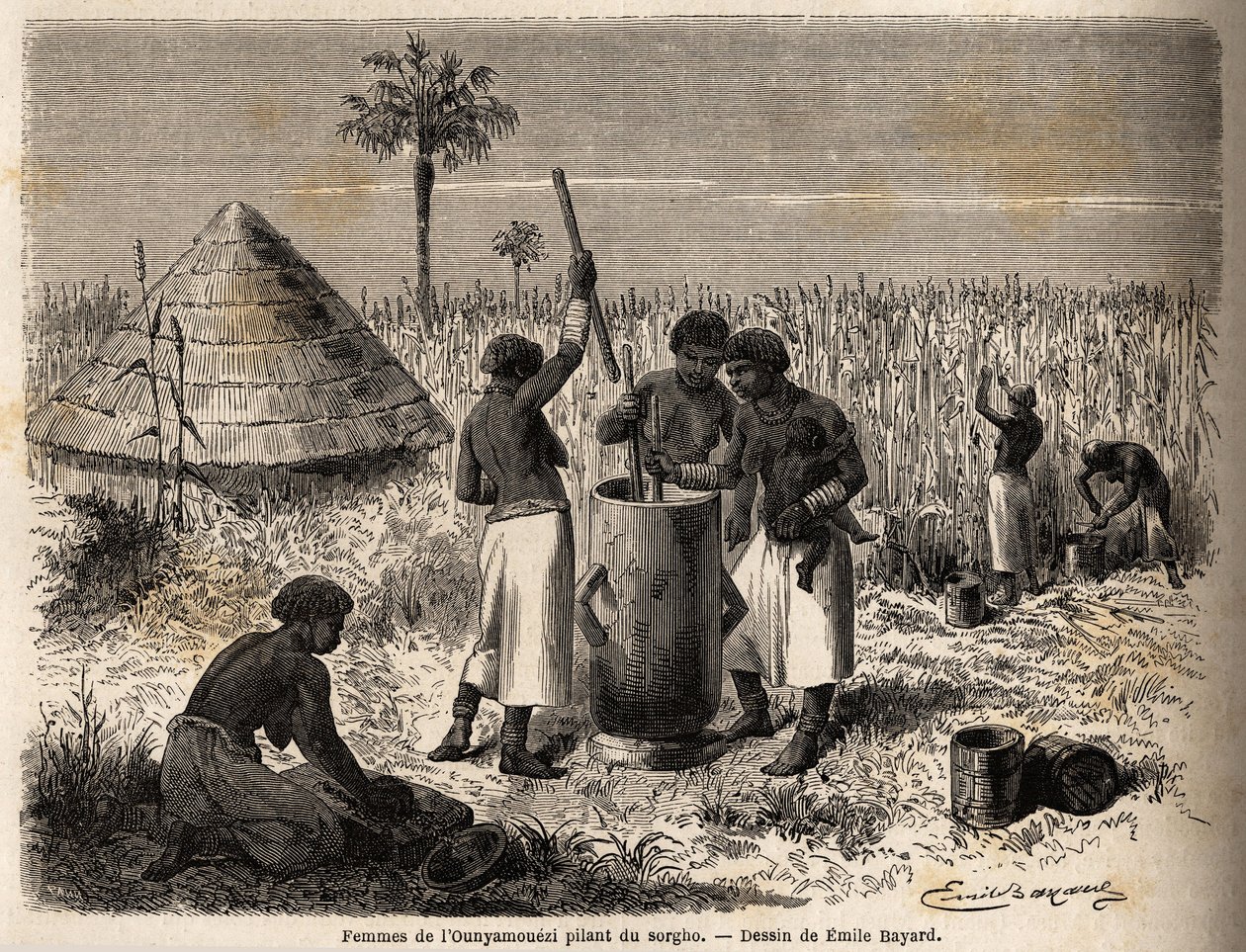 Cirkot fontoló nők az ounyamoueziben (A Nagy-tavak régiója, Afrika), Emile Bayard (1837-1891) rajza Speke kapitány afrikai felfedezőútját szemlélteti 1860 és 1863 között. Metszet a „Le tour du monde”-ban”, szerkesztve írta: Edouard Charton alkotó: Emile Antoine Bayard