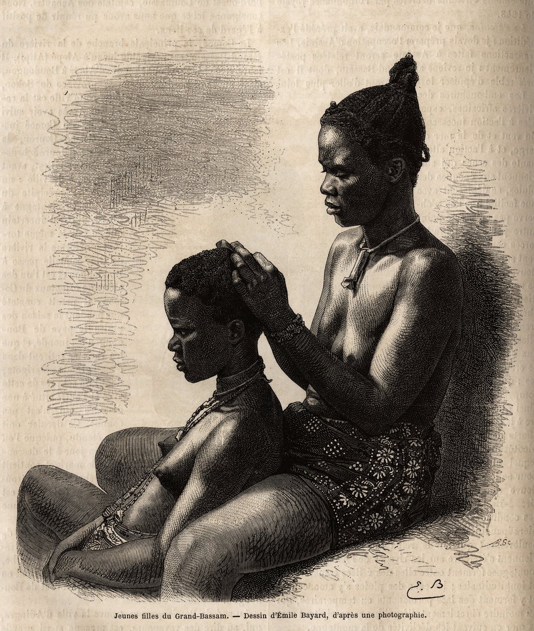 Fiatal lányok Grand-Bassamból (Grand Bassam) (Elefántcsontpart egykori fővárosa), saját stílust alakítva, Emile Bayard rajza alapján metszett, az 1868-as afrikai tengerparti utazást illusztrálva, Fleuriot de Langles admirális, megjelent a „” Le tour du m alkotó: Emile Antoine Bayard