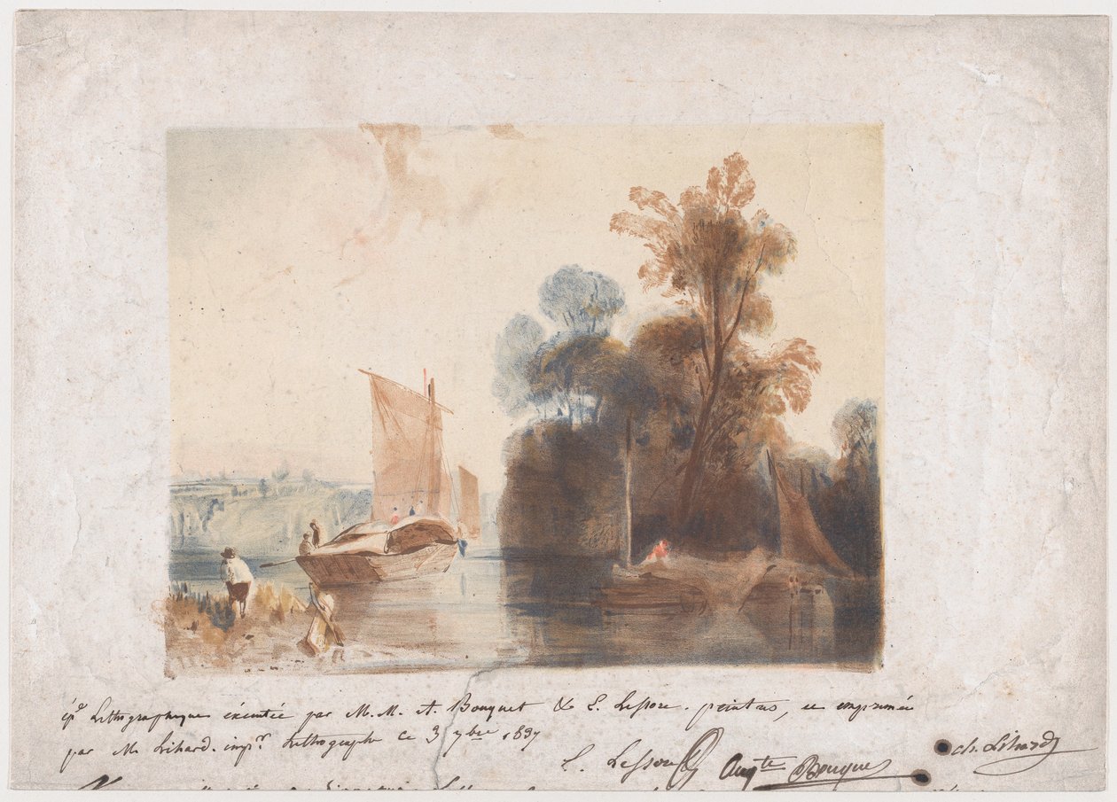 Táj folyóval és csónakokkal, 1837 alkotó: Emile Aubert Lessore