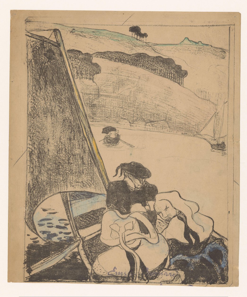 Két breton nő és egy férfi egy hajón Le return du pardon Breton nők (sorozat címe) Bretonnes (sorozat címe) alkotó: Émile Bernard (signed by artist)