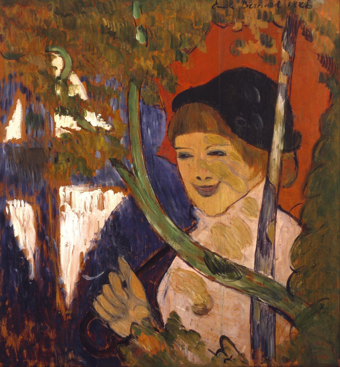 Breton lány piros esernyővel alkotó: Emile Bernard