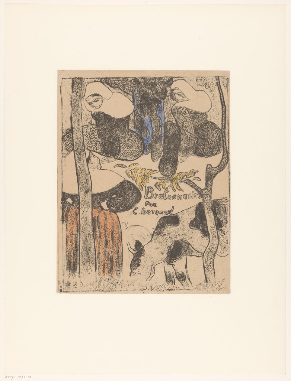 Három breton nő és tehén Címnyomat ehhez: Émile Bernard, Bretonneries, 1889 Bretonnes et vache Breton nők (sorozat címe) Bretonnes (sorozat címe az objektumon) alkotó: Emile Bernard
