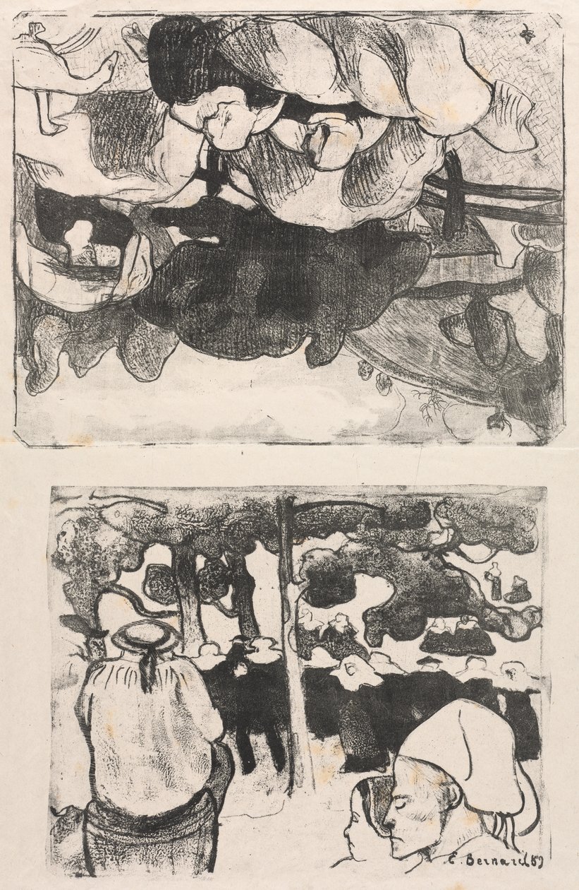 Les Bretonneries: Breton nők szénakazalban (Bretonnes Faisant les Foins) és esküvő Bretagne-ban (La Noce en Bretange) alkotó: Emile Bernard