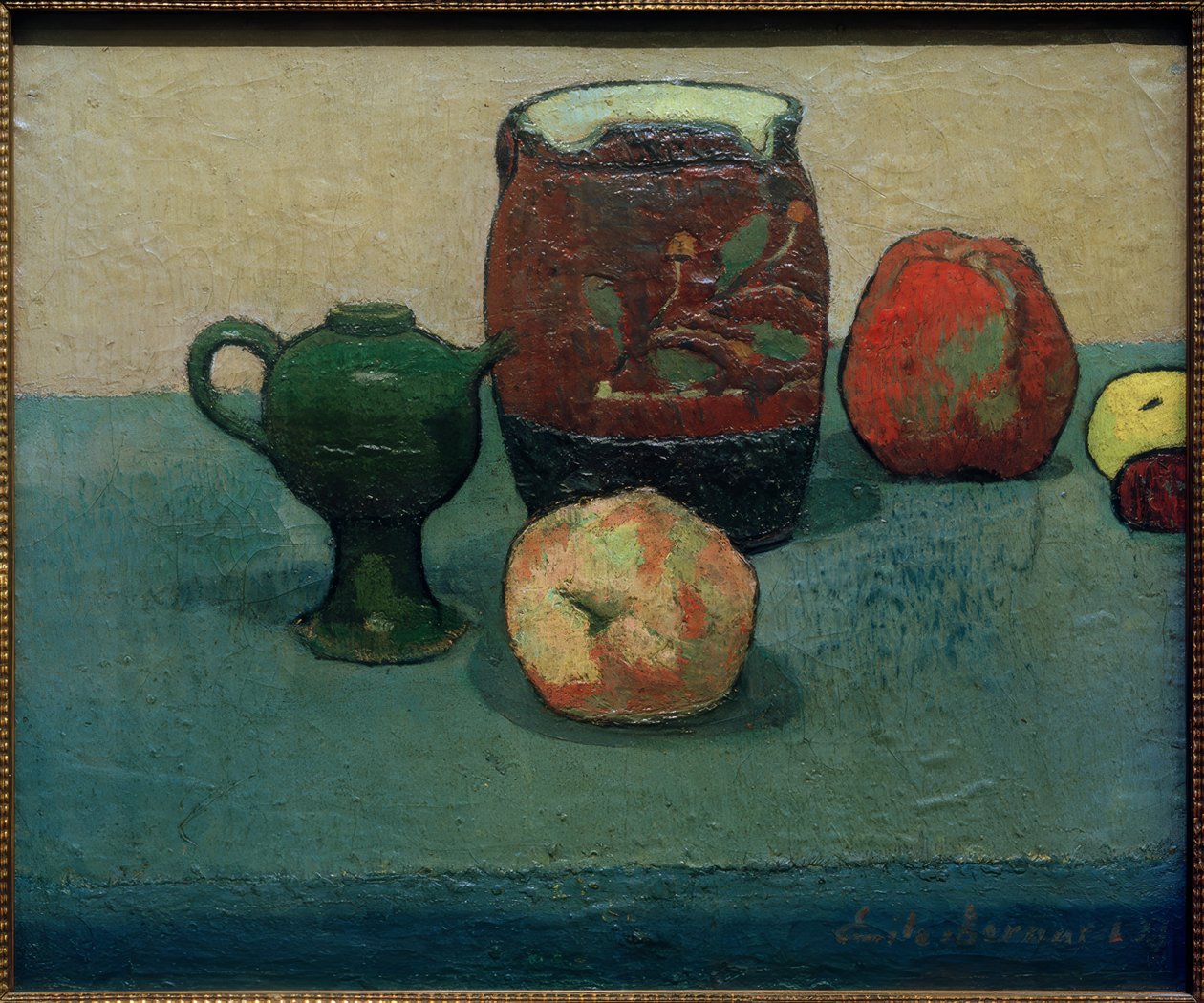 Csendélet söröskorsóval és almával alkotó: Emile Bernard