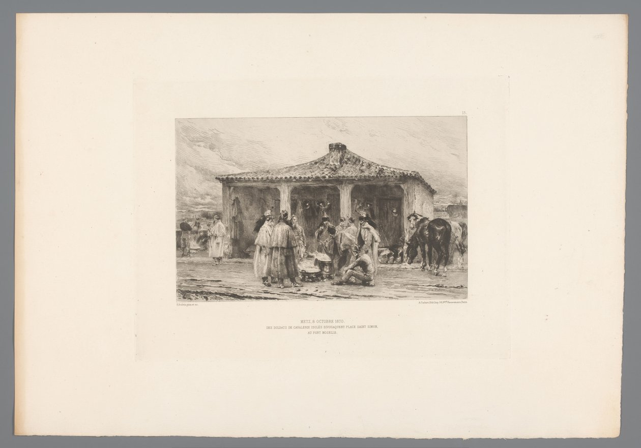 Csoportkatona az een táborban Metz 1870. október 8./ Elszigetelt lovas katonák bivakja a Saint Simon téren Fort Moselle-ban (cím az objektumon) France etsen uit 1875 (sorozat címe) Rézkarc 1875-ben (sorozat címe) alkotó: Emile Boilvin