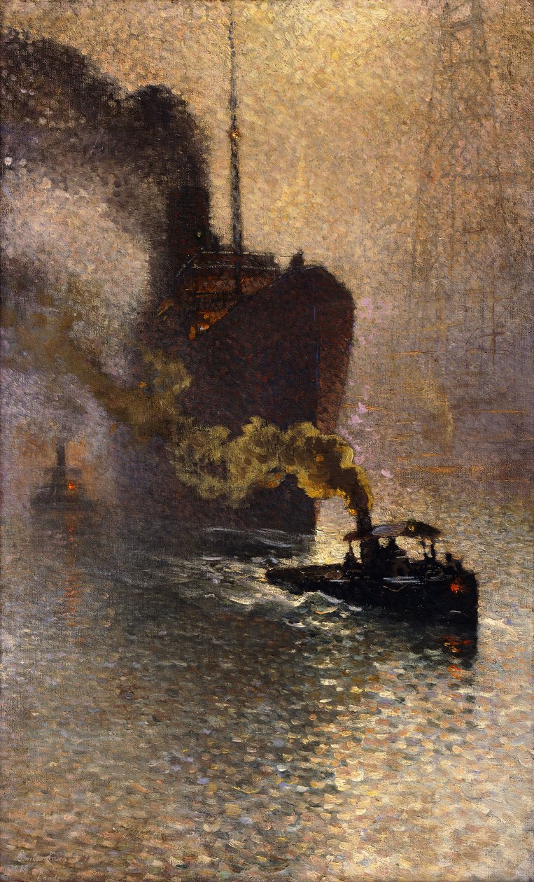 A Temzén a Ködben vontatva; Escorte sur la Tamise dans le Brouillard – Taken in Tow on the Thames, 1918 alkotó: Emile Claus