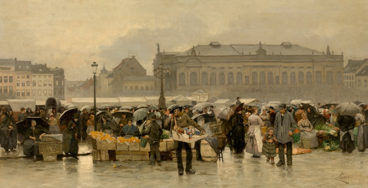 Piac az antwerpeni színház előtt (olaj, vászon) alkotó: Emile Claus